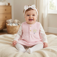 N14603: Baby Girls Quilted Pinafore, Top & Headband Outfit (0-9 Months)
